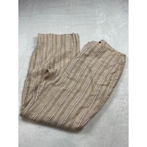 Women's 100% Linen Wide Leg Striped Pants Tan Beige Brown High Rise 14W Vacation